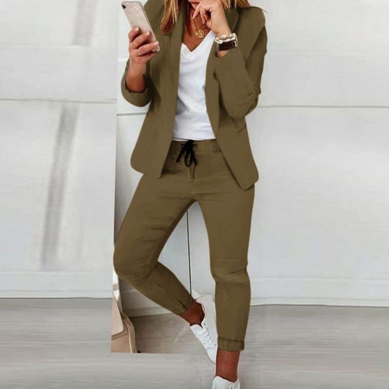Women's Versatile Blazer Jogger Pants Two-Piece Set - Green