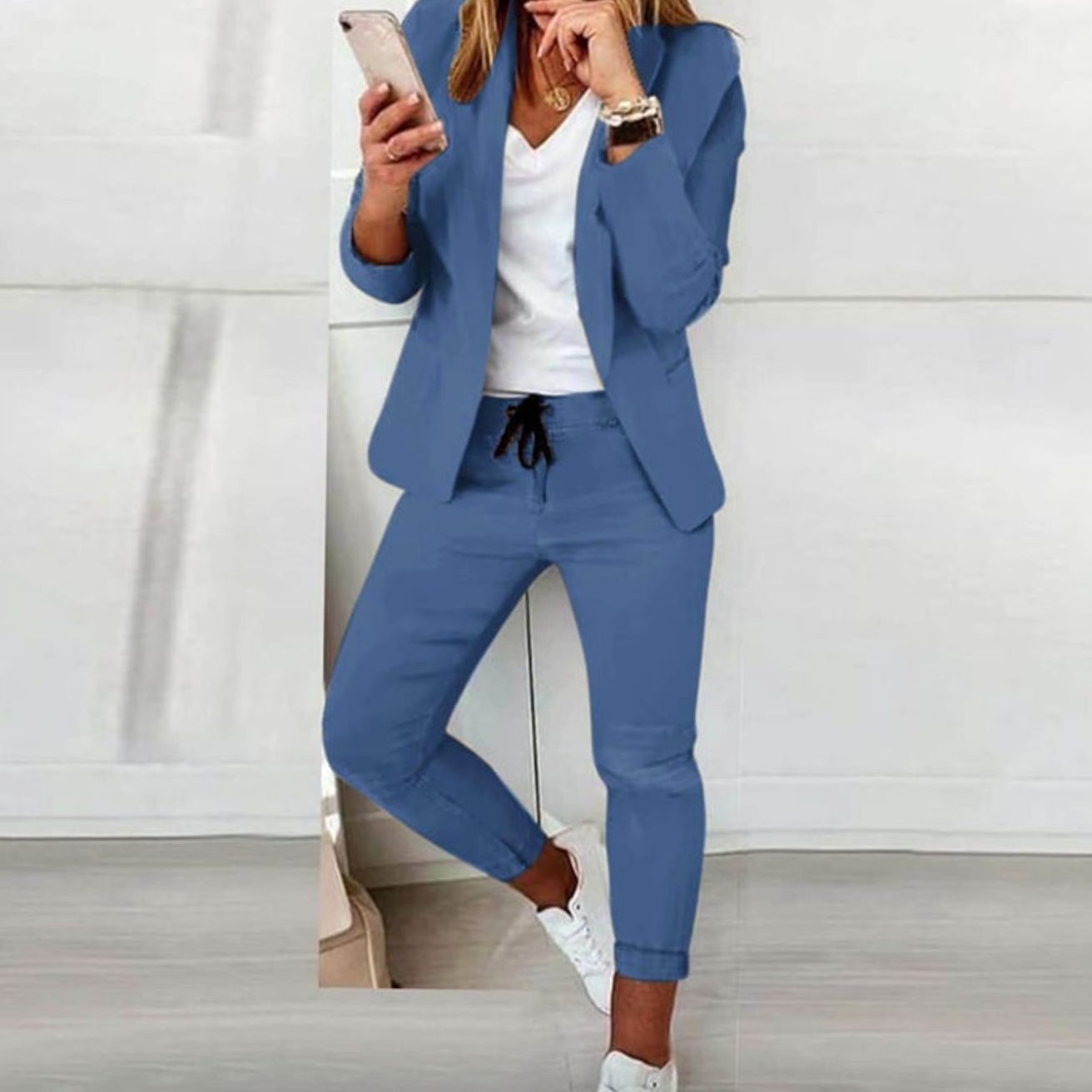 Women's Versatile Blazer Jogger Pants Two-Piece Set - Blue