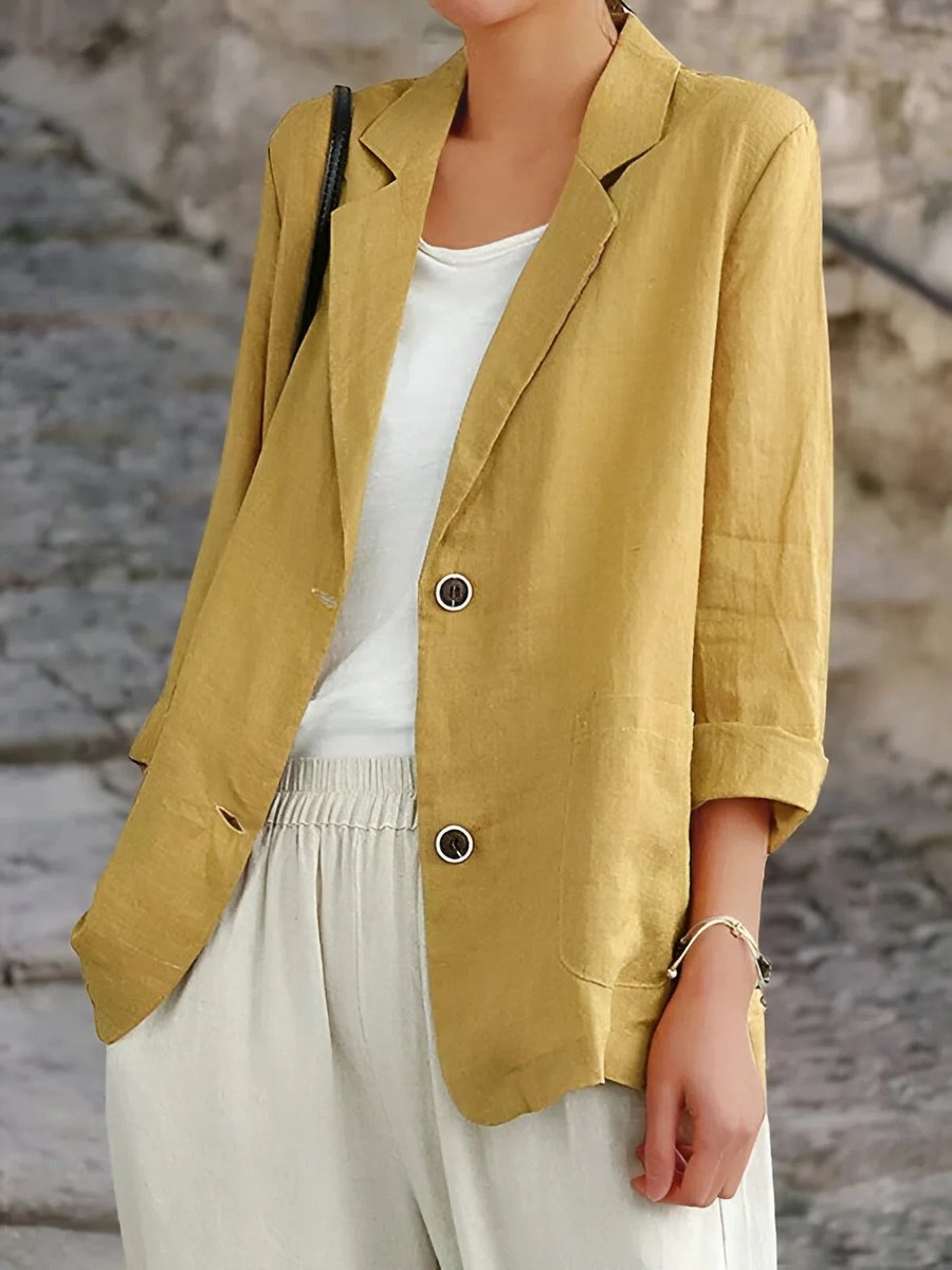 Womens Vest Casual Linen Lightweight Two-Button Blazer Jacket - Yellow