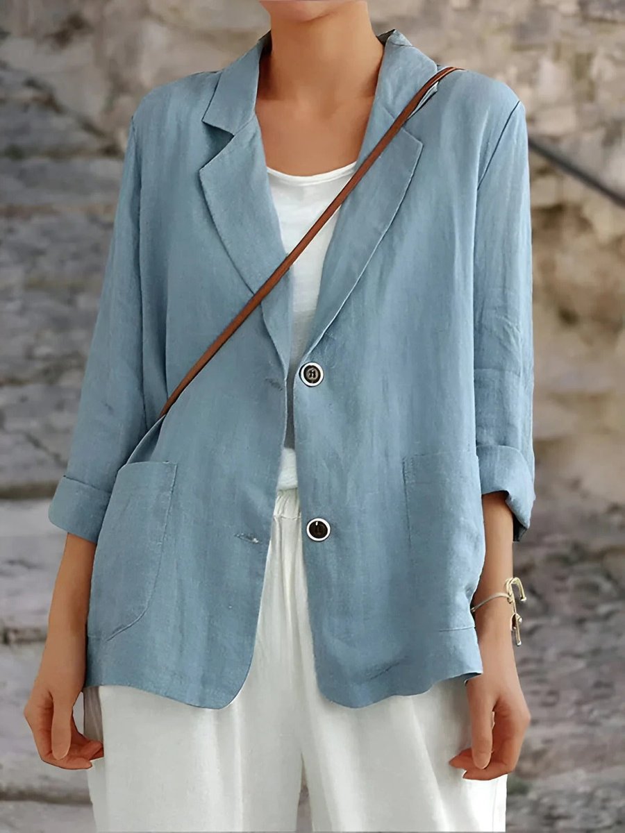 Womens Vest Casual Linen Lightweight Two-Button Blazer Jacket - Blue