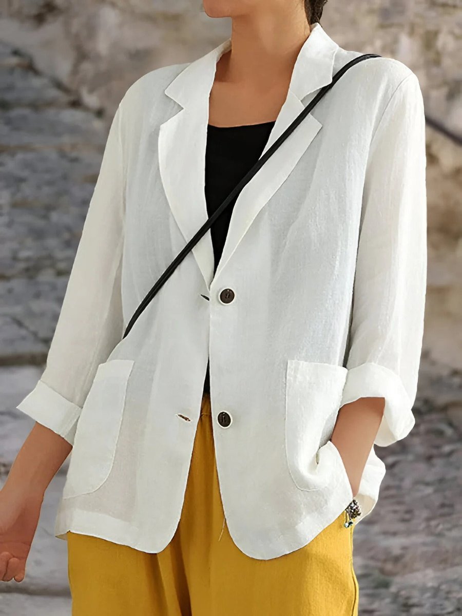 Womens Vest Casual Linen Lightweight Two-Button Blazer Jacket - White