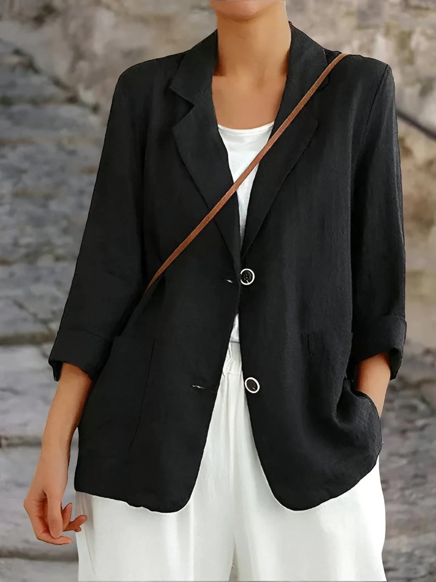 Womens Vest Casual Linen Lightweight Two-Button Blazer Jacket - Black