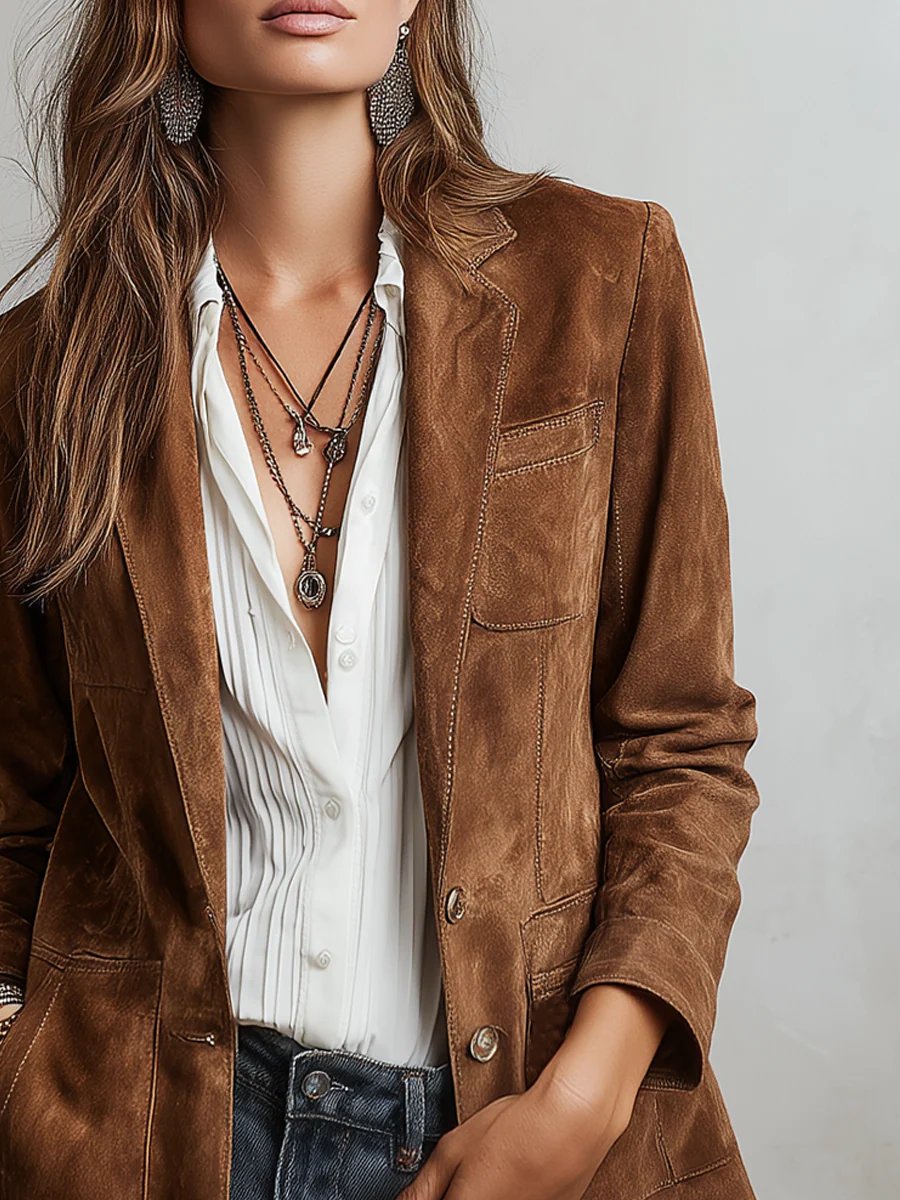 Women's Vintage Faux Suede Tailored Blazer Jacket