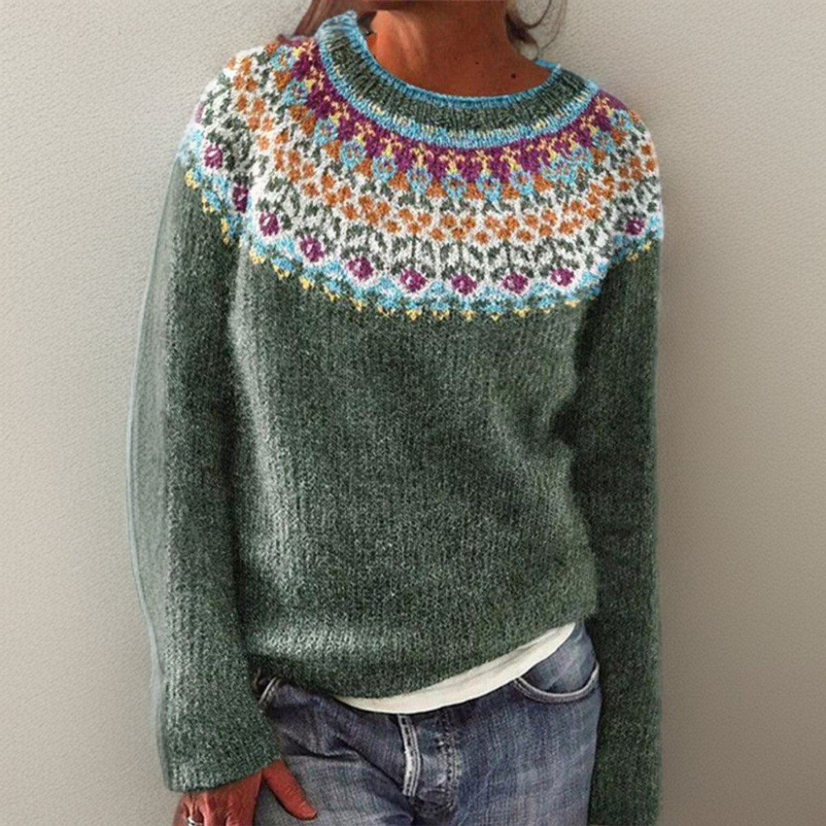 Women's Vintage Floral Yoke Crew Neck Knit Sweater