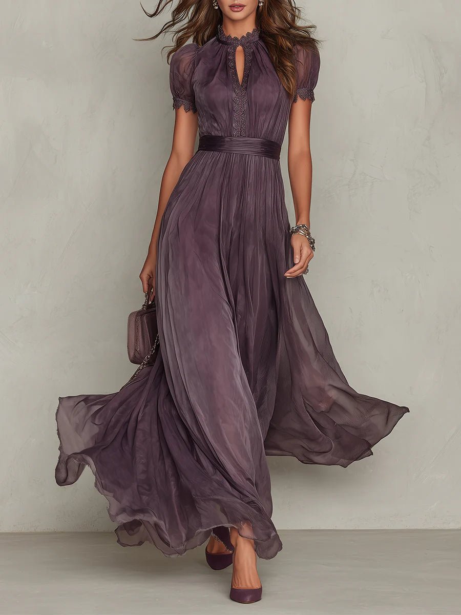 Women's Vintage Lace-Trim High-Neck Chiffon Maxi Dress - Purple