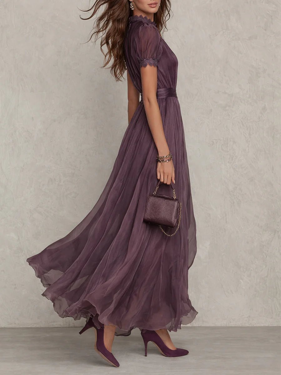 Women's Vintage Lace-Trim High-Neck Chiffon Maxi Dress