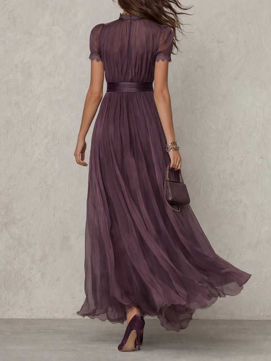 Women's Vintage Lace-Trim High-Neck Chiffon Maxi Dress