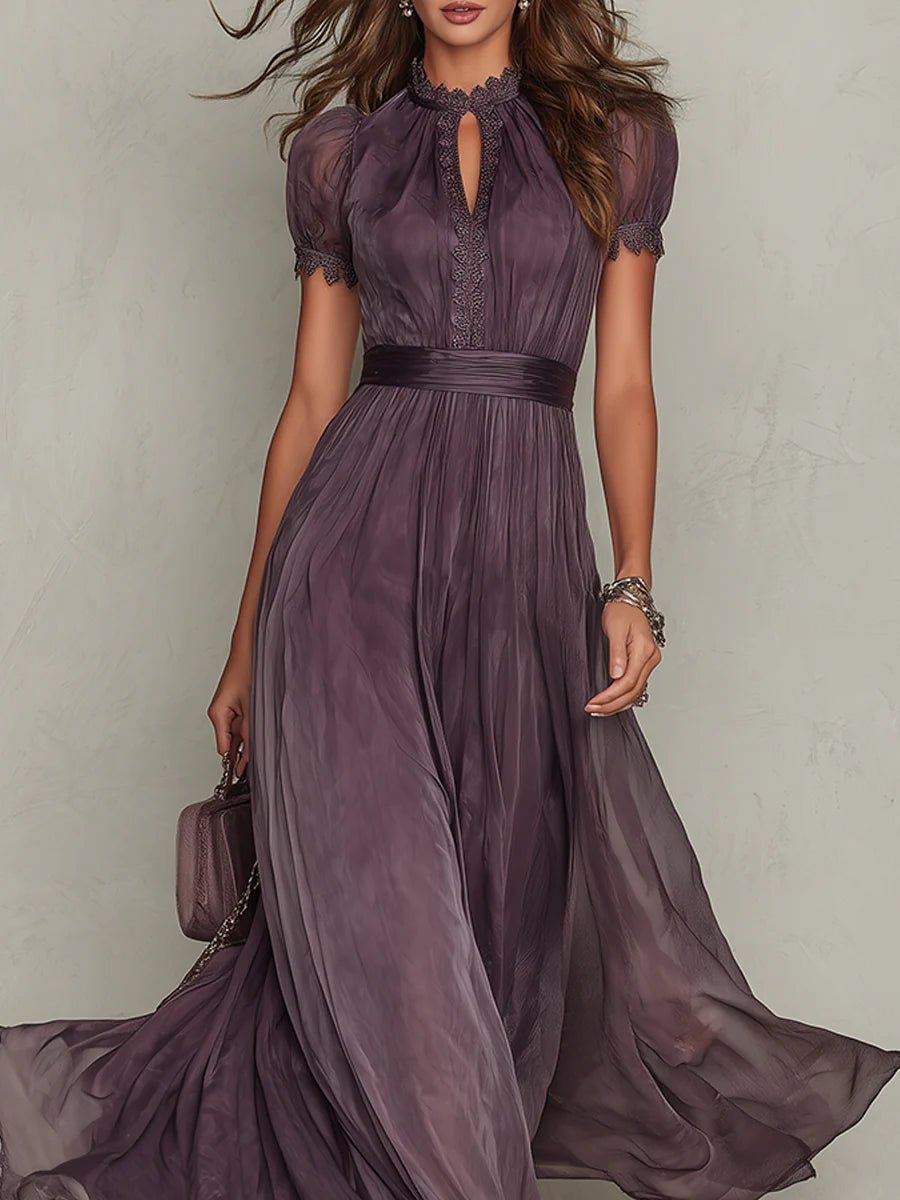 Women's Vintage Lace-Trim High-Neck Chiffon Maxi Dress