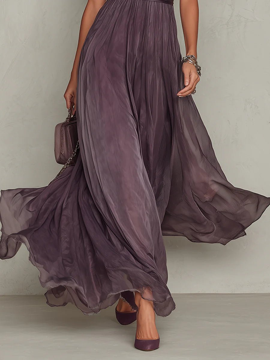 Women's Vintage Lace-Trim High-Neck Chiffon Maxi Dress