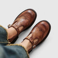 Women's Vintage Leather Brogue T-Strap Shoes Buckle Flats - Brown