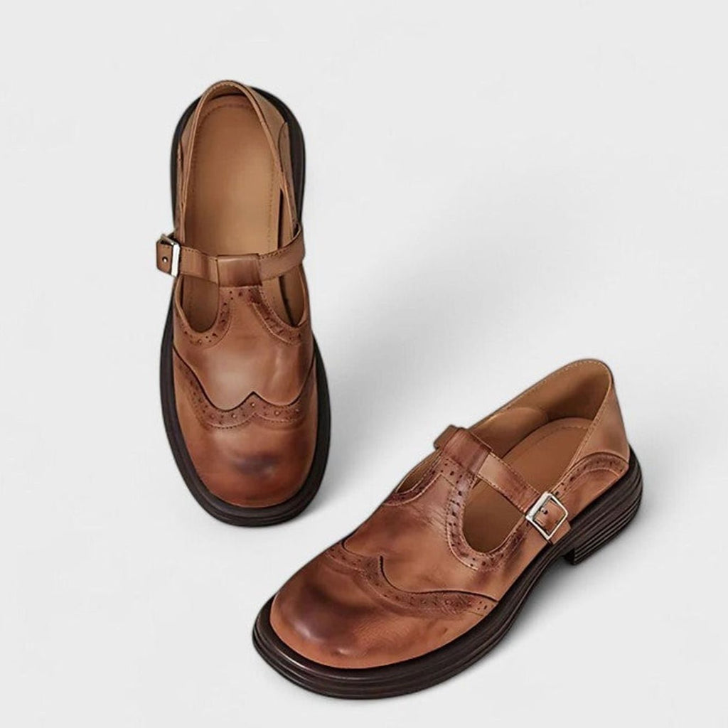 Women's Vintage Leather Brogue T-Strap Shoes Buckle Flats