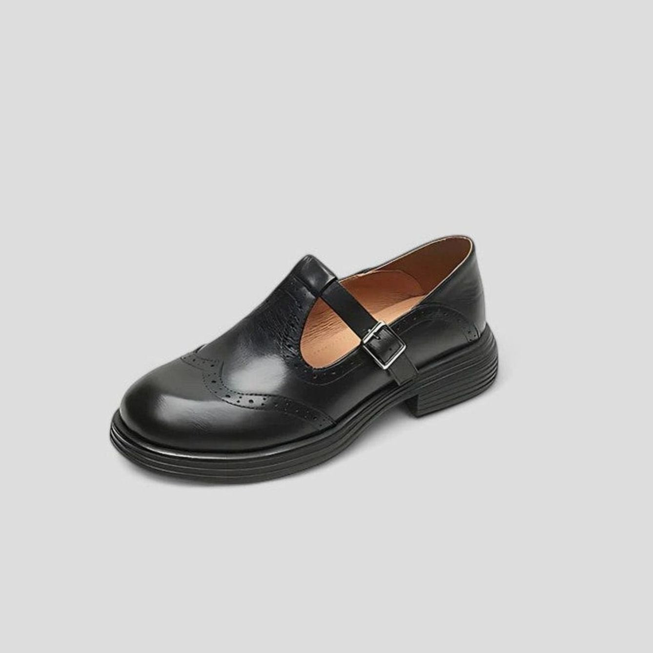 Women's Vintage Leather Brogue T-Strap Shoes Buckle Flats