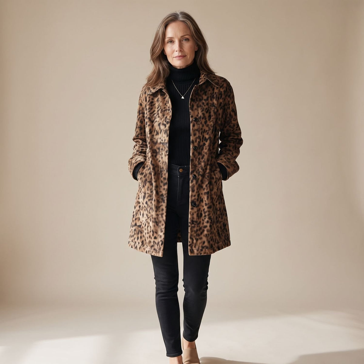 Women's Vintage Leopard Print Button-Front Coat - Brown