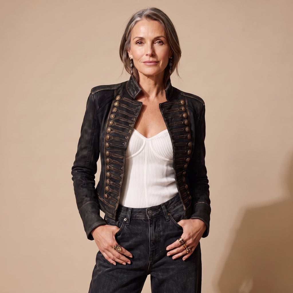 Women's Vintage Military Gold-Trim Faux Leather Jacket - Black