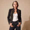 Women's Vintage Military Gold-Trim Faux Leather Jacket - Black
