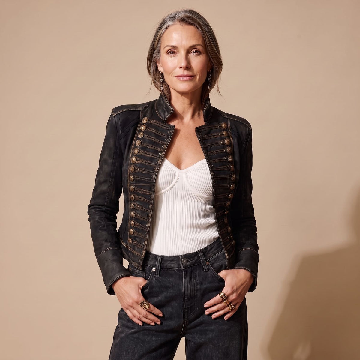 Women's Vintage Military Gold-Trim Faux Leather Jacket - Black