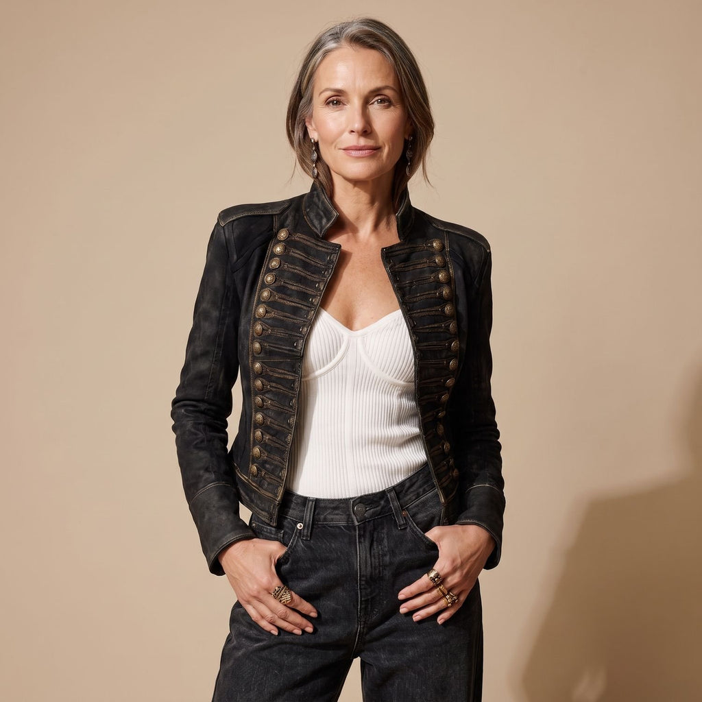 Women's Vintage Military Gold-Trim Faux Leather Jacket