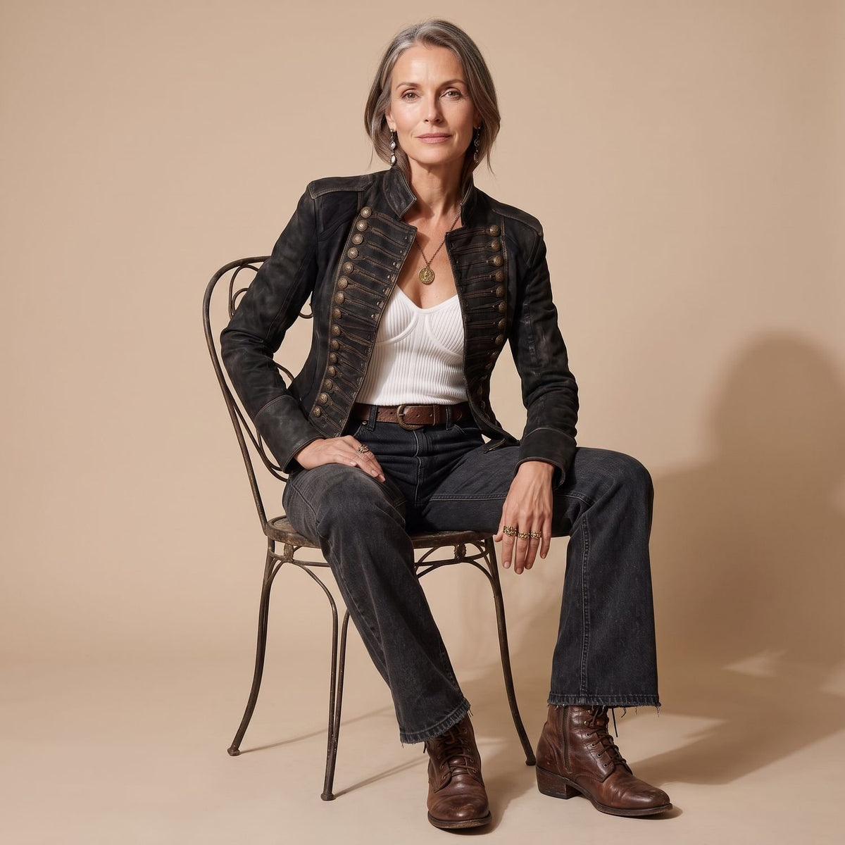 Women's Vintage Military Gold-Trim Faux Leather Jacket