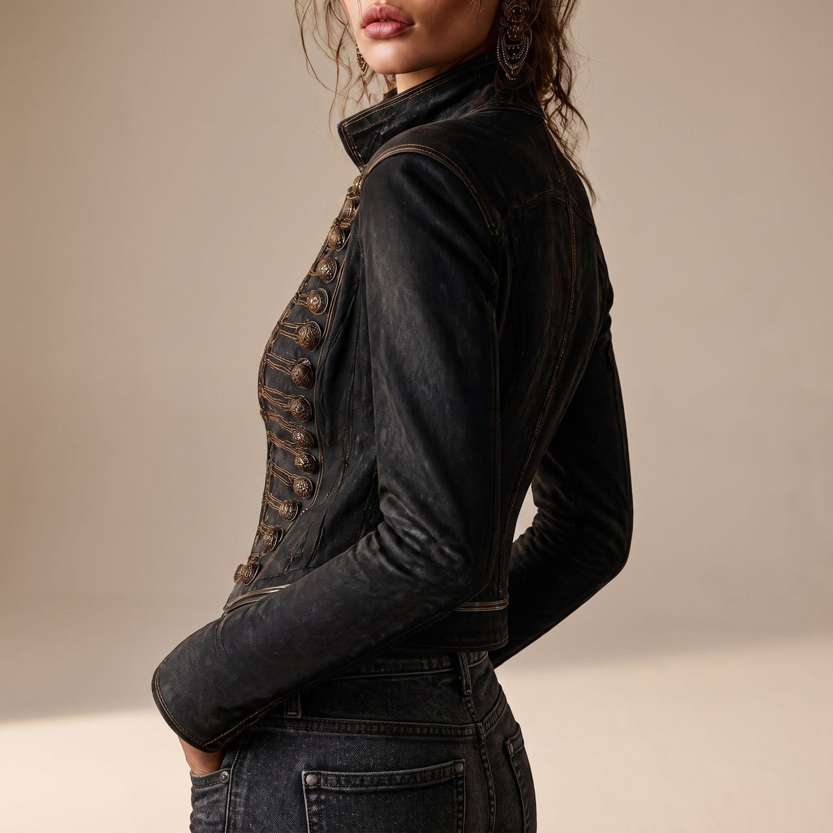 Women's Vintage Military Gold-Trim Faux Leather Jacket