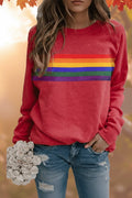 Women's Vintage Rainbow Striped Relaxed-Fit Pullover Sweatshirt - Red