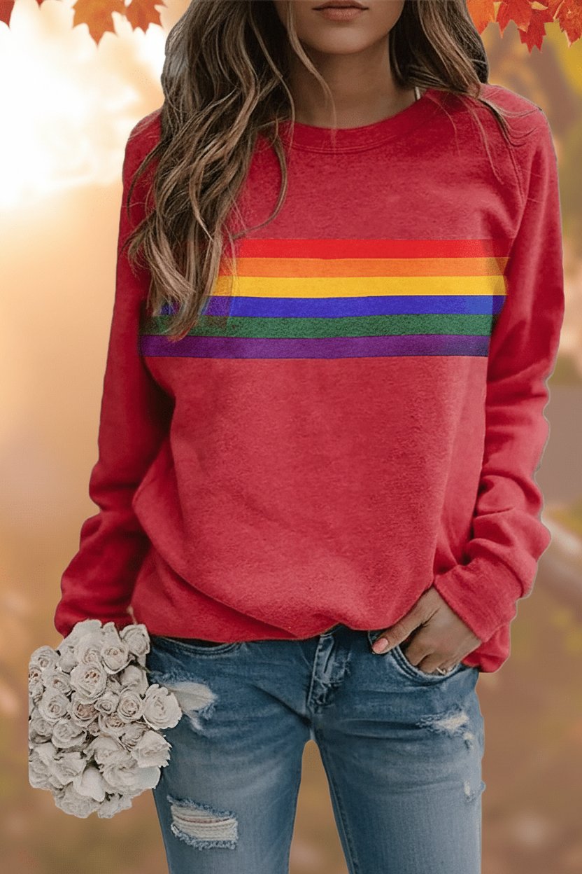 Women's Vintage Rainbow Striped Relaxed-Fit Pullover Sweatshirt - Red