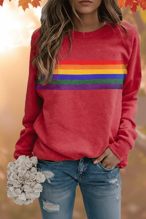 Women's Vintage Rainbow Striped Relaxed-Fit Pullover Sweatshirt - Red