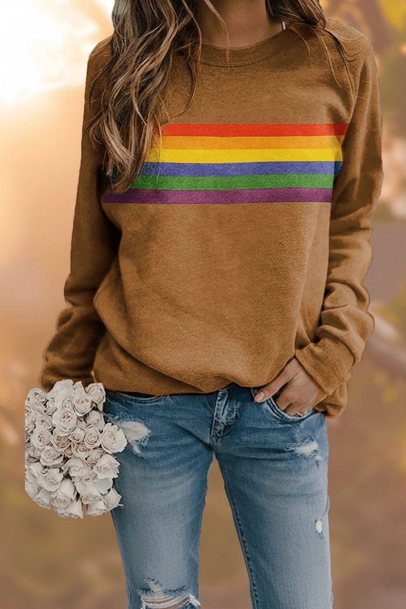 Women's Vintage Rainbow Striped Relaxed-Fit Pullover Sweatshirt - Yellow