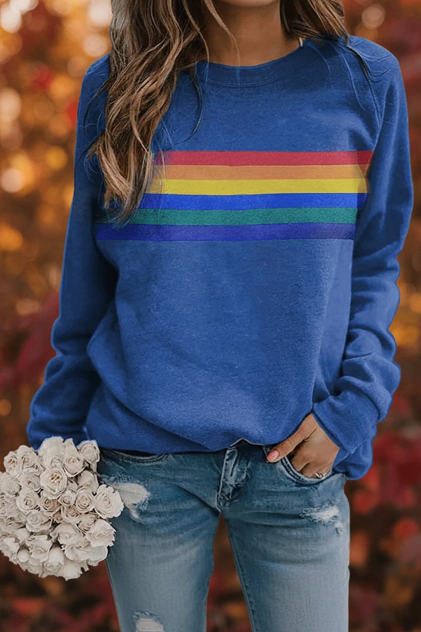 Women's Vintage Rainbow Striped Relaxed-Fit Pullover Sweatshirt - Blue