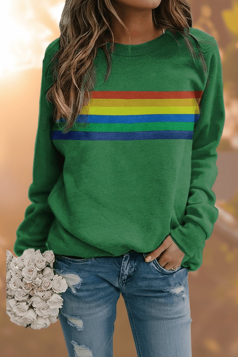 Women's Vintage Rainbow Striped Relaxed-Fit Pullover Sweatshirt
