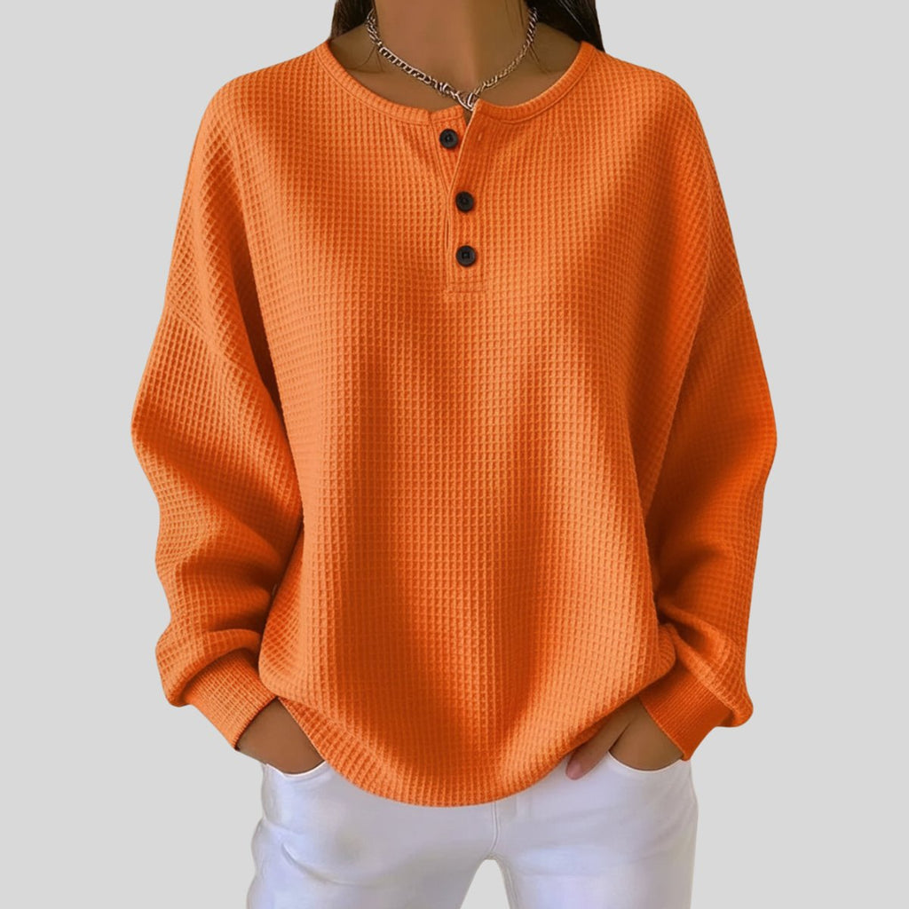 Women's Waffle Knit Sweater Relaxed Henley Pullover