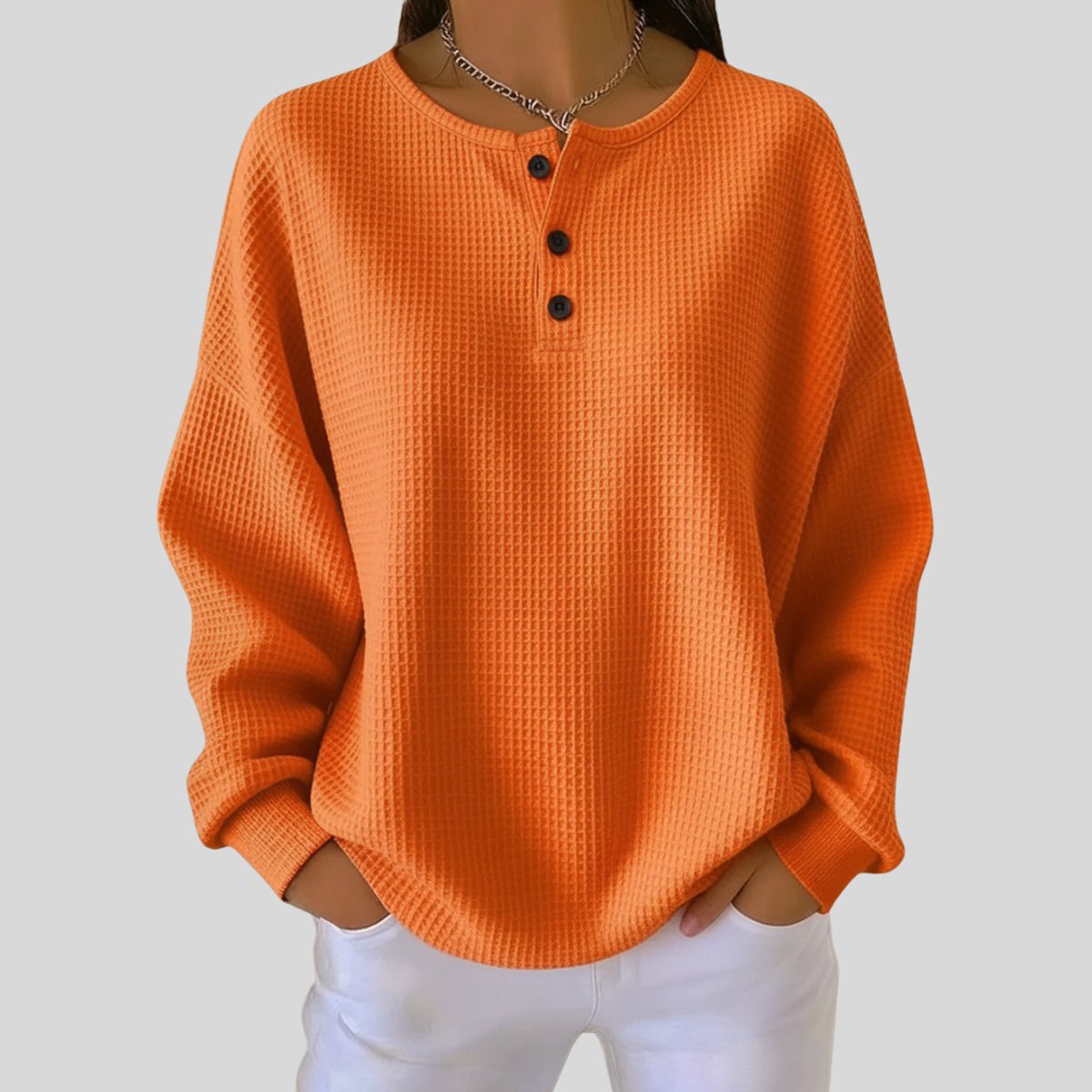 Women's Waffle Knit Sweater Relaxed Henley Pullover