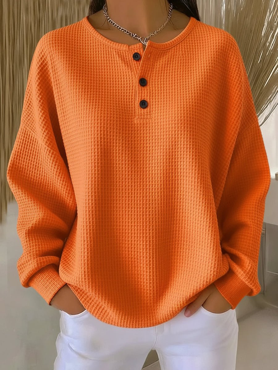Women's Waffle Knit Sweater Relaxed Henley Pullover - Orange