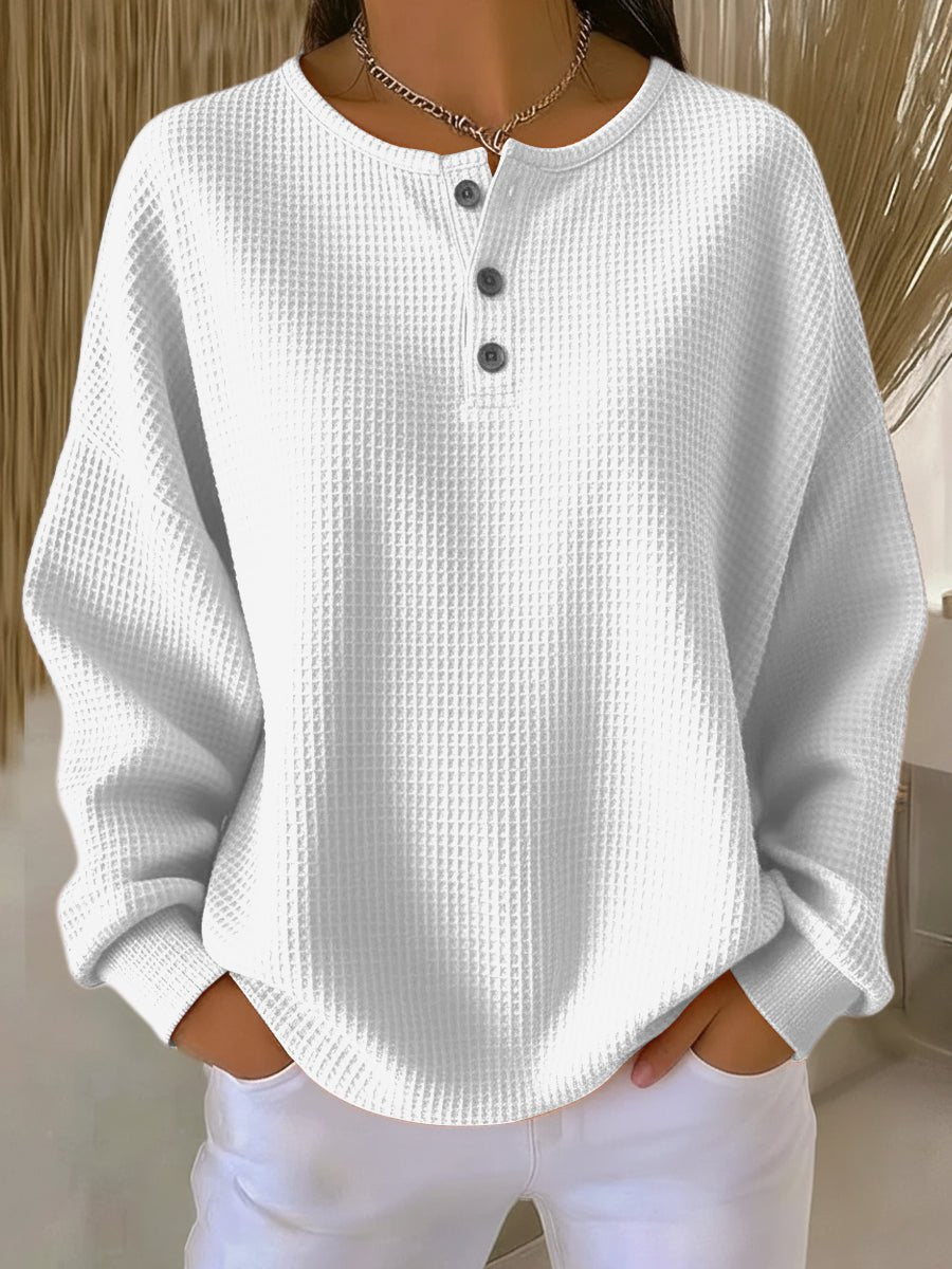 Women's Waffle Knit Sweater Relaxed Henley Pullover - White