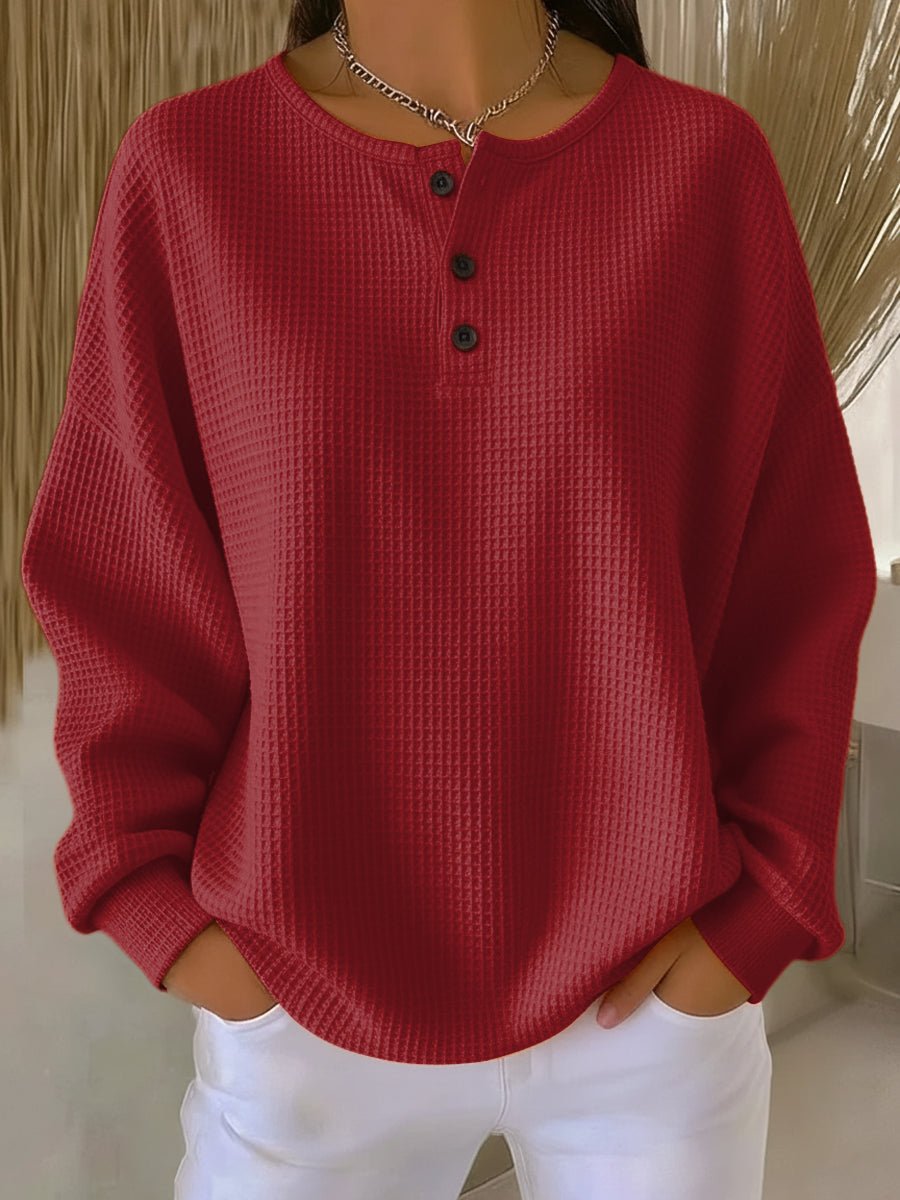Women's Waffle Knit Sweater Relaxed Henley Pullover - Red