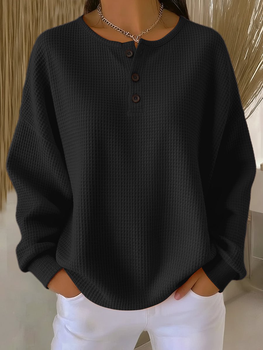 Women's Waffle Knit Sweater Relaxed Henley Pullover - Black