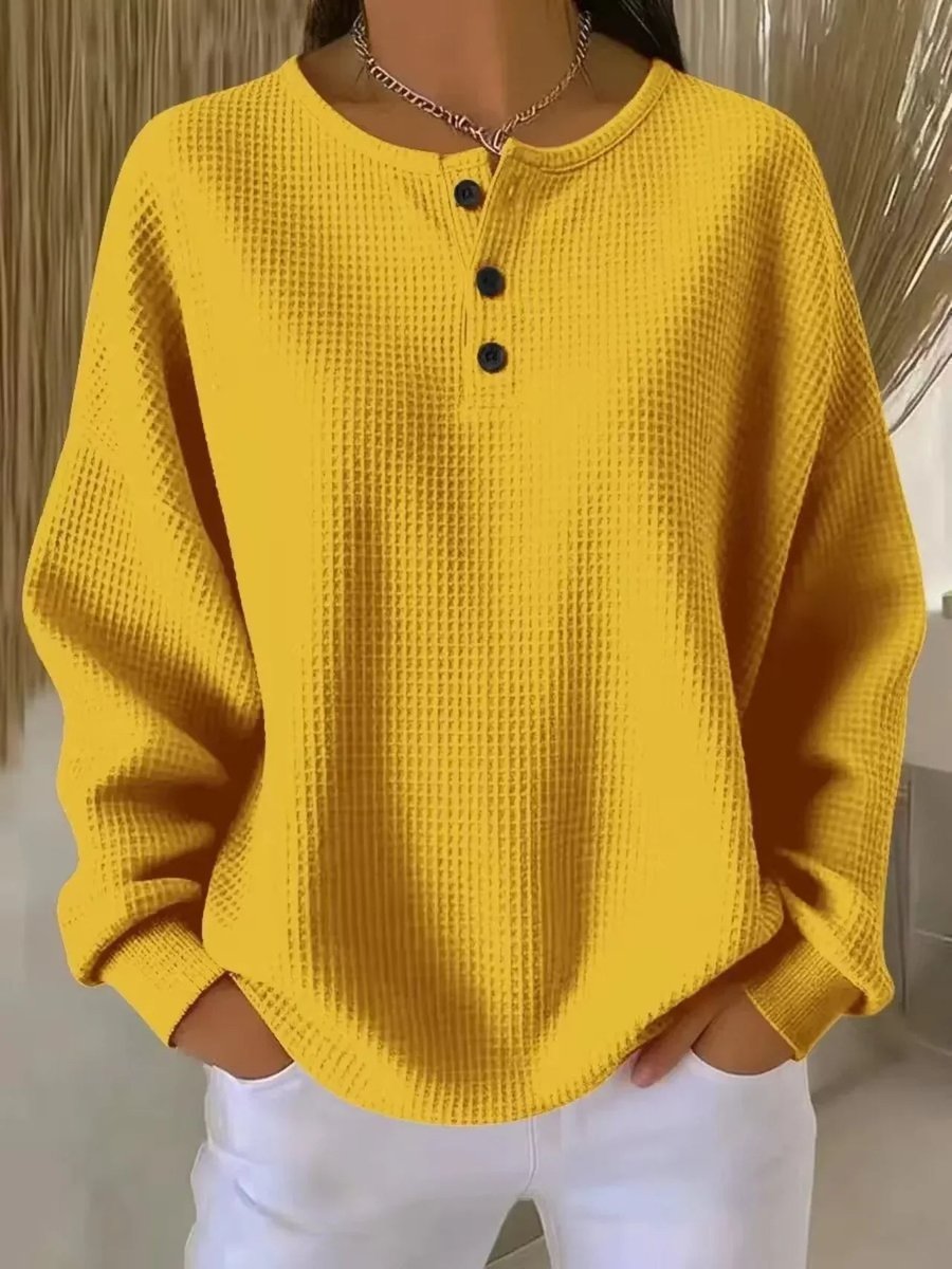 Women's Waffle Knit Sweater Relaxed Henley Pullover - Yellow