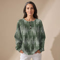 Women's Waffle-Knit Tree Print Henley Christmas Sweater - Green