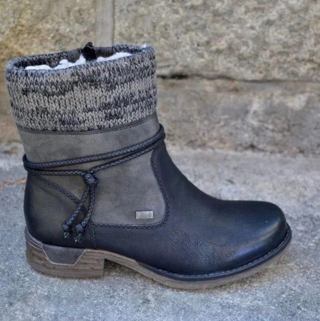 Women's Warm Knit-Cuff Slip-On Ankle Boots - Black