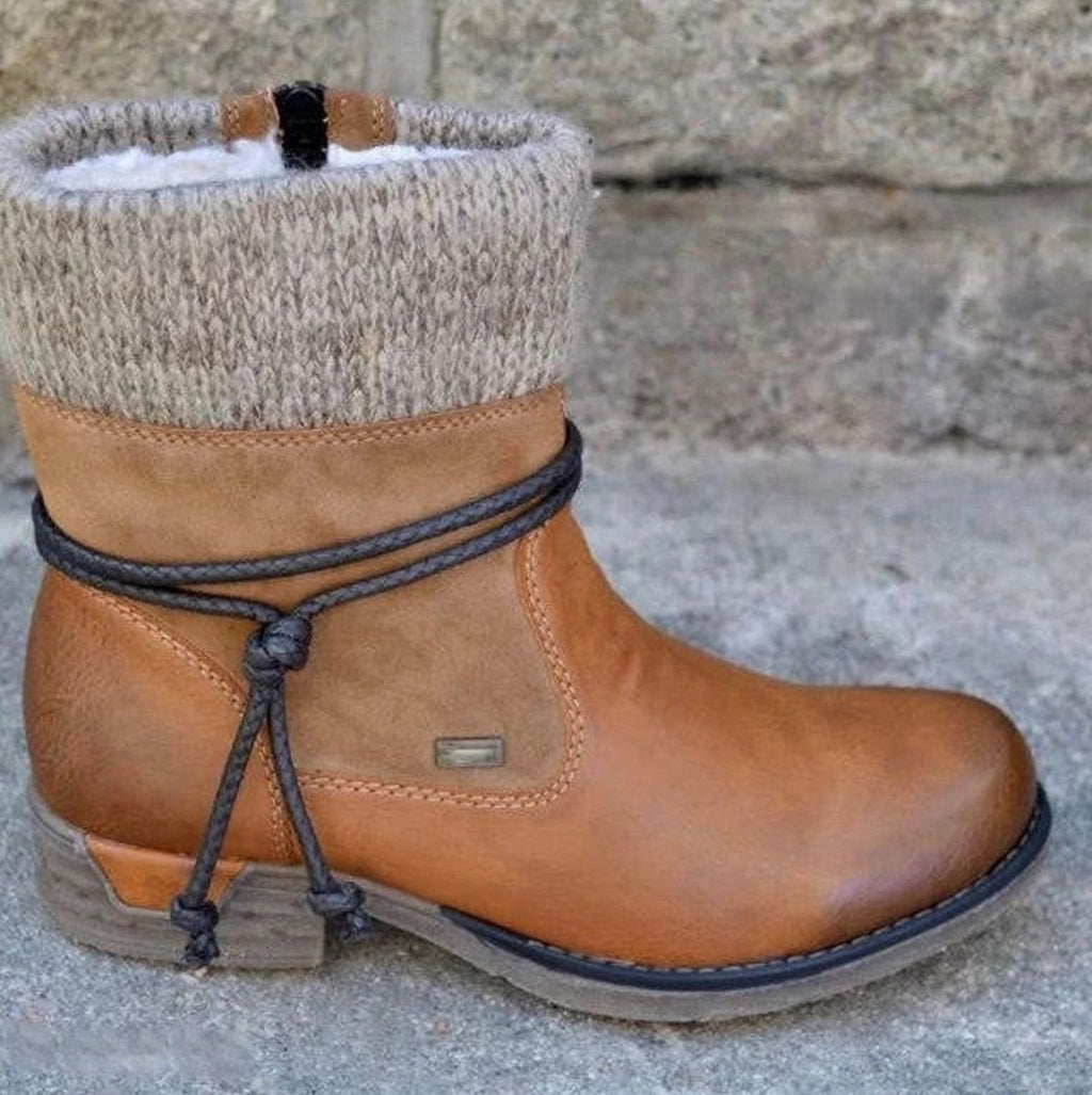 Women's Warm Knit-Cuff Slip-On Ankle Boots - Brown