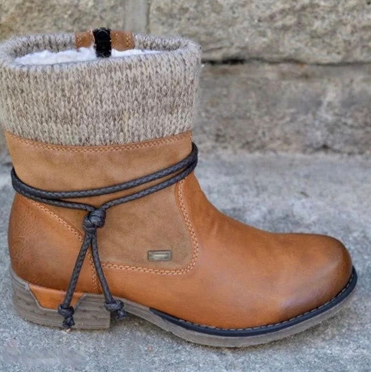 Women's Warm Knit-Cuff Slip-On Ankle Boots - Brown