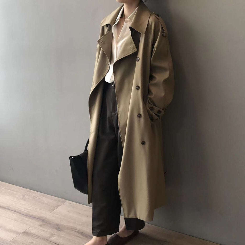 Women's Water-Repellent Double-Breasted Long Trench Coat - Khaki