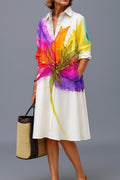 Women's Watercolor Floral Print Shirt Cocktail Dress Midi - White