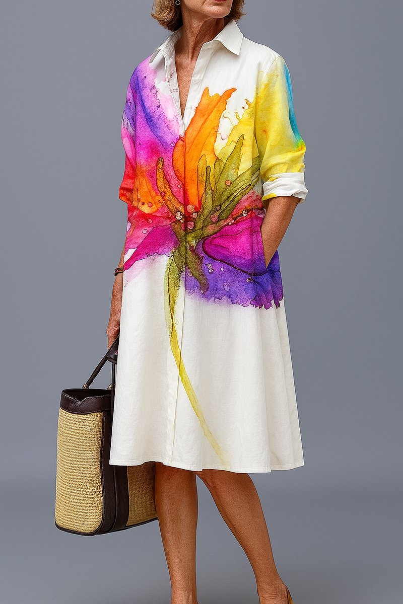 Women's Watercolor Floral Print Shirt Cocktail Dress Midi - White
