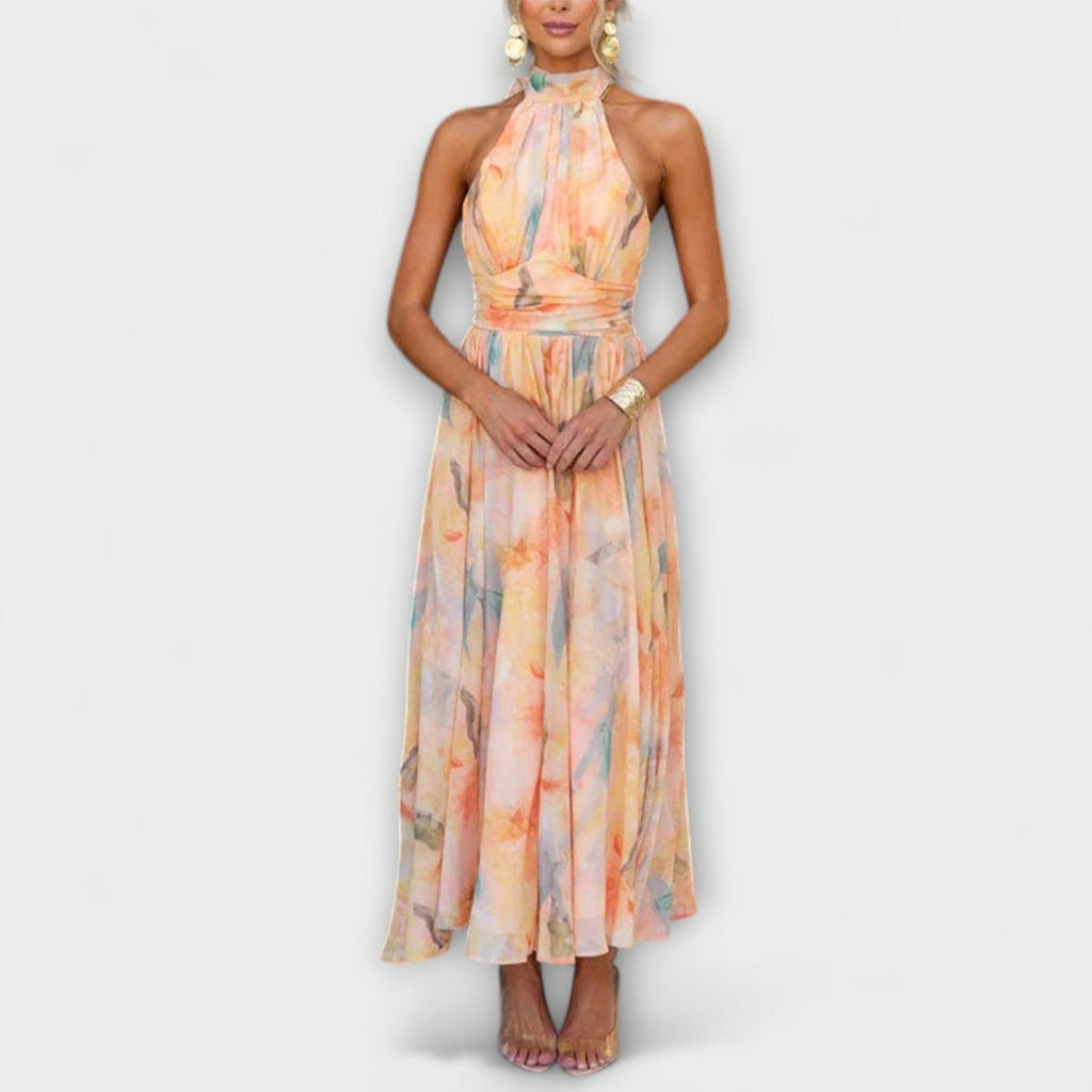 Women's Watercolor Halter Neck Flowy Maxi Cocktail Party Dress