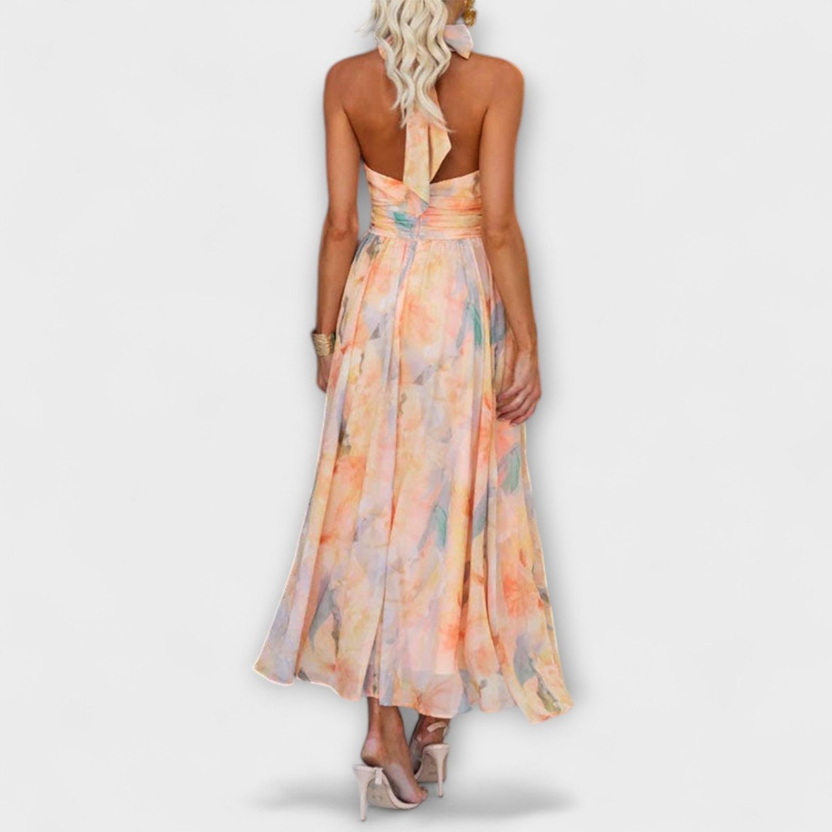 Women's Watercolor Halter Neck Flowy Maxi Cocktail Party Dress