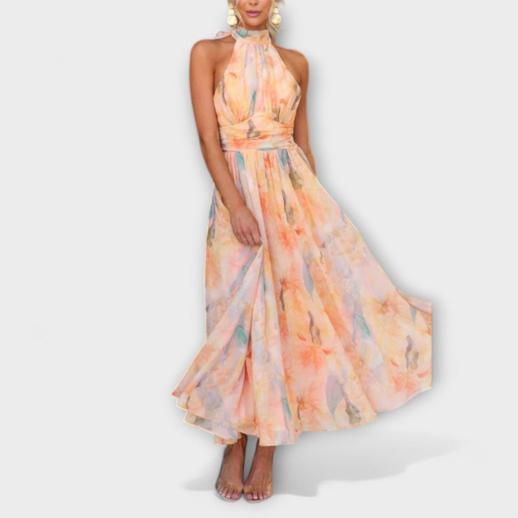 Women's Watercolor Halter Neck Flowy Maxi Cocktail Party Dress