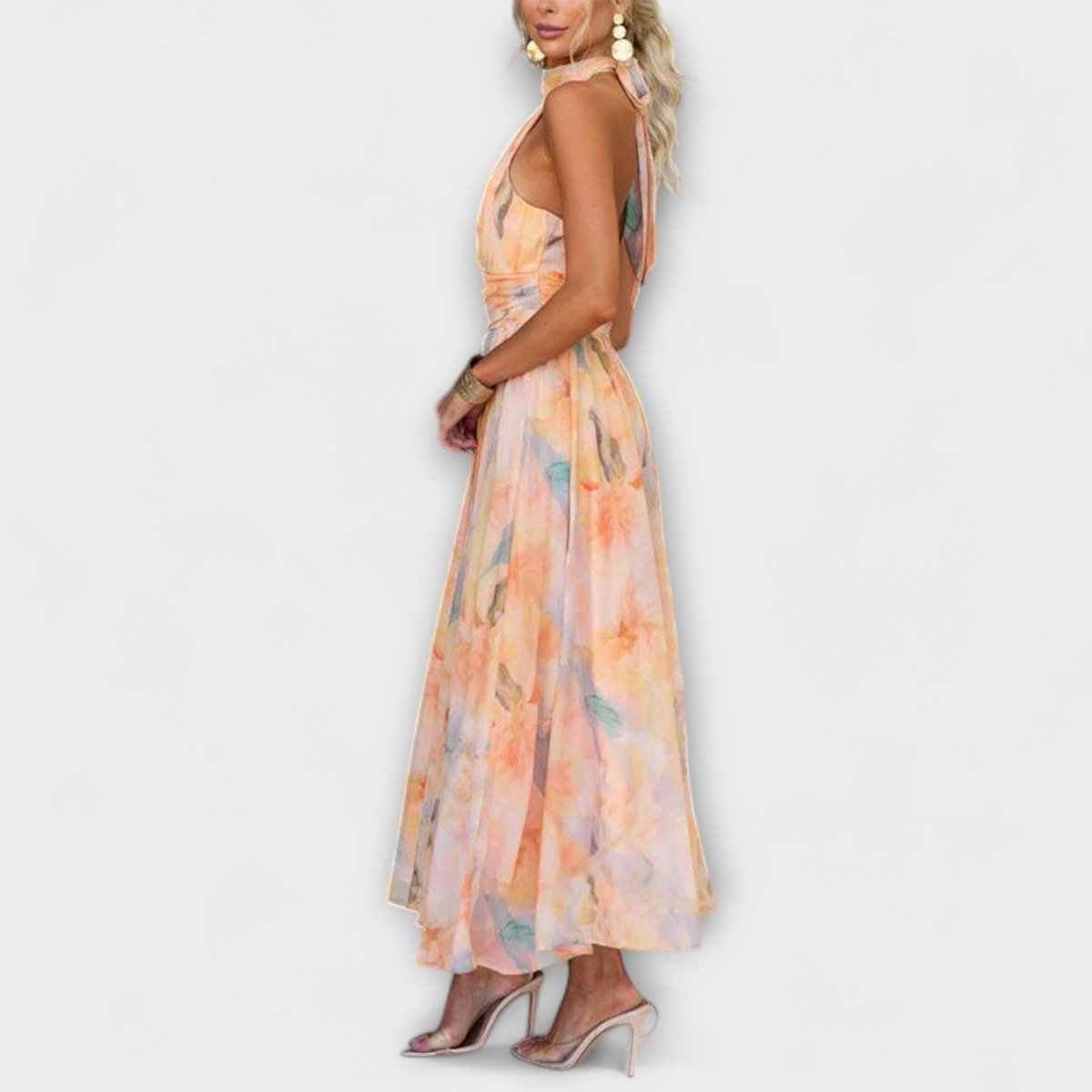 Women's Watercolor Halter Neck Flowy Maxi Cocktail Party Dress