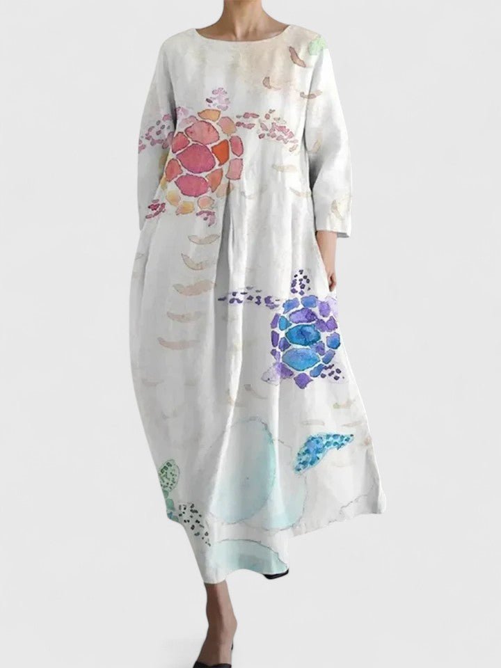 Women's Watercolor Sea Turtle Print Three-Quarter Sleeve Midi Dress - Flower 1