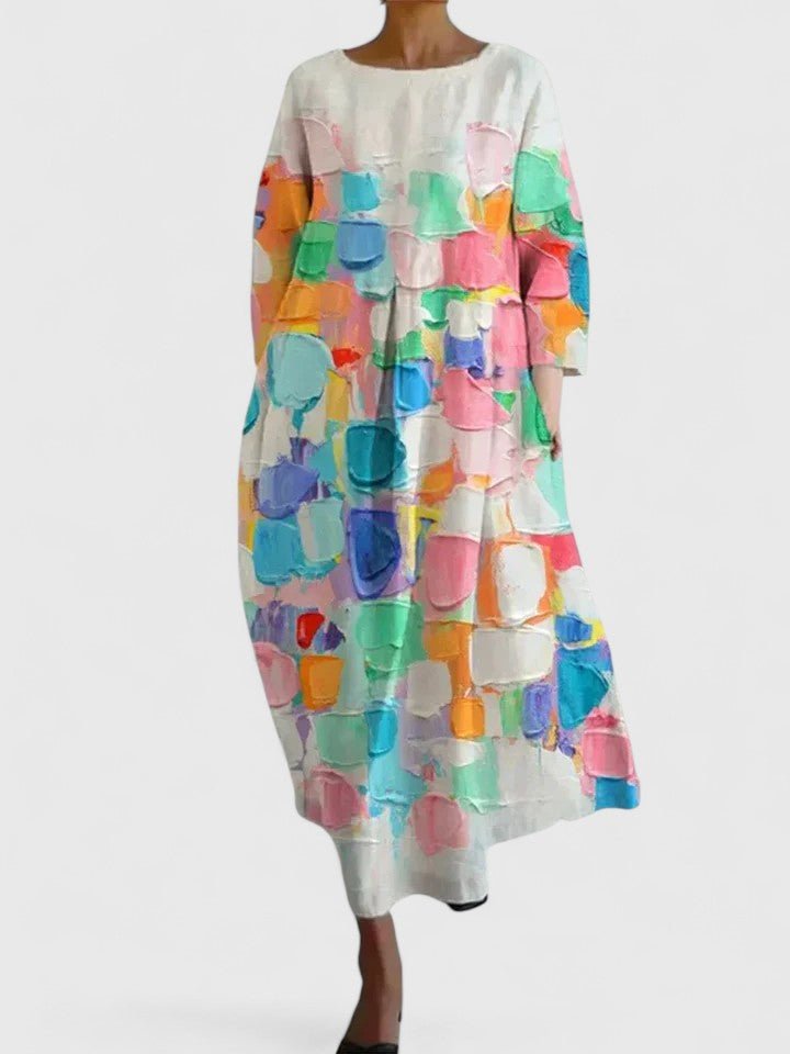 Women's Watercolor Sea Turtle Print Three-Quarter Sleeve Midi Dress - Flower 2