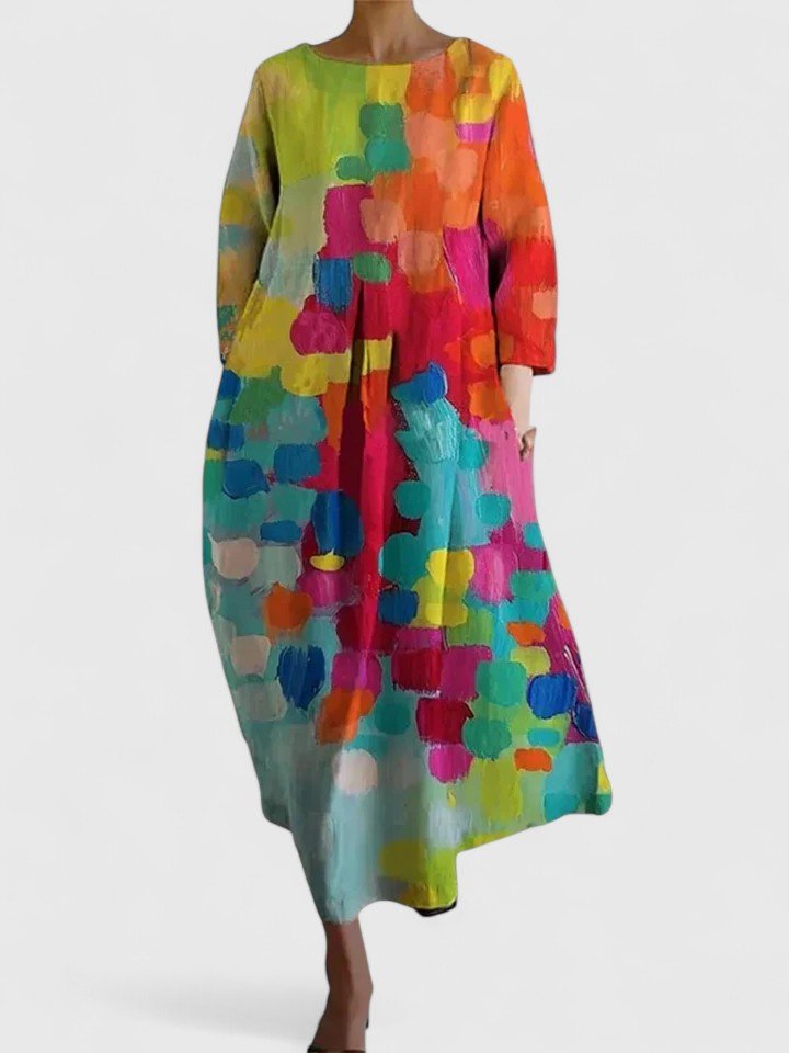 Women's Watercolor Sea Turtle Print Three-Quarter Sleeve Midi Dress - Flower 3